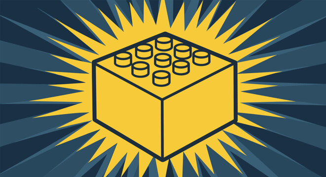 Single yellow plastic building block toy standing out against a dark blue background with a golden radial glow.