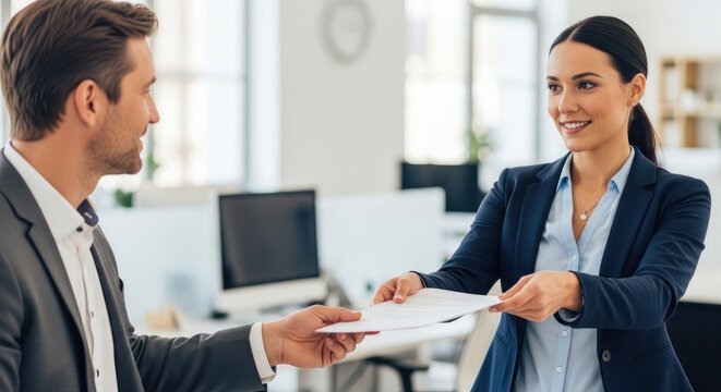 A man and a woman are engaged in a business transaction. The woman is handing a document to the man.