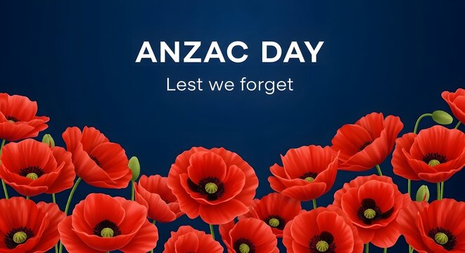 Anzac day graphic with red poppies and text