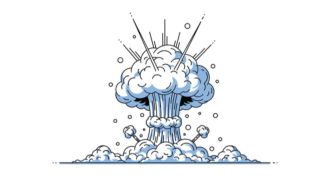 atomic explosion is represented by a large mushroom cloud with radiating lines and debris in a minimalist black and blue line art style.