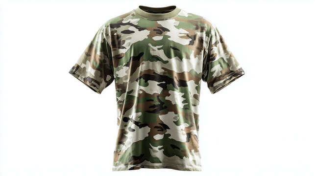 Camouflage t shirt isolated on white background, military style casual apparel, green camo pattern clothing mockup for fashion and merchandising design.