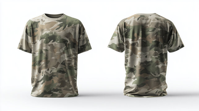 Front and back view of camouflage t shirt isolated on white background, military style apparel mockup, casual clothing design with green pattern.