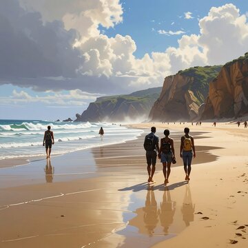 A serene beach scene with three people walking along the shoreline
