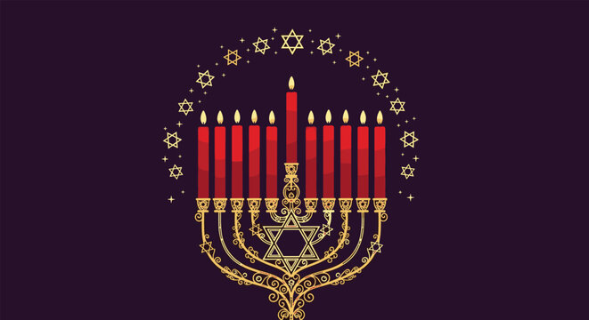 hanukkah menorah with red candles is surrounded by golden stars of david and decorative flourishes on a deep purple background.