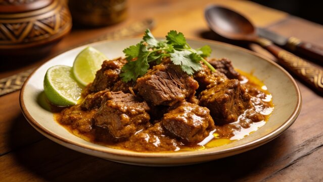 Authentic Indonesian beef rendang cooked with rich spices and coconut-based sauce, served with lime and herbs. A popular traditional dish known for deep flavor and tender meat.