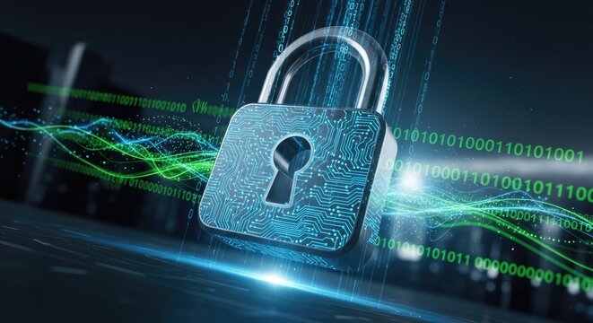 A digital padlock with a circuit board pattern and a glowing blue keyhole sits prominently on a dark, futuristic background filled with flowing green binary code.