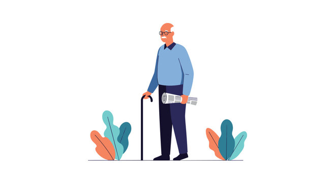 Senior man with a bald head and glasses walking with a cane while holding a morning newspaper in a serene park setting.