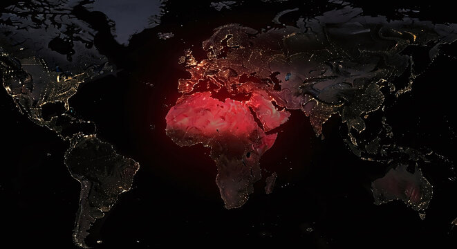 A high contrast digital visualization of the world map with a prominent red glow highlighting the African and Middle Eastern continental regions