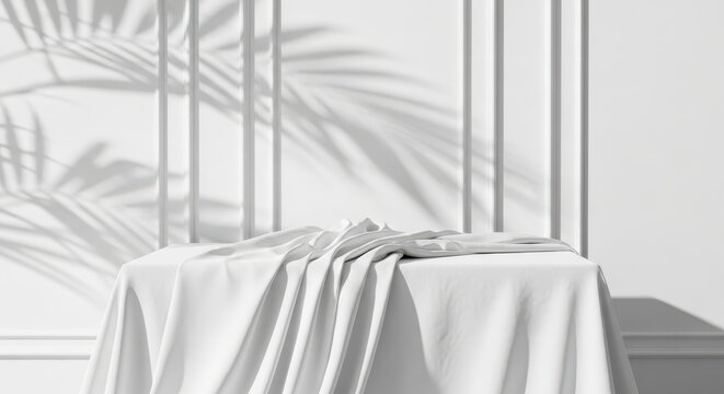 Minimalist white product display podium with draped fabric and palm leaf shadow on classic wall background
