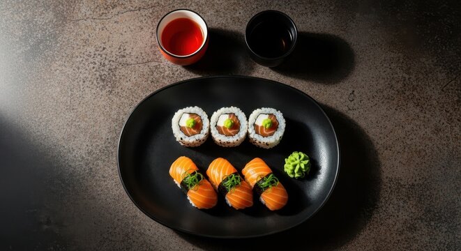 Top view of a black plate with salmon sushi rolls and nigiri, accompanied by soy sauce and a small cup of tea on a textured dark background