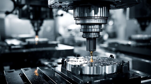 Precision Metal Machining: CNC Drill Bit Working on Circular Metal Part in Modern Factory, Cool Tones, Industrial Production, Sparks