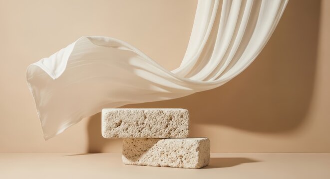 Minimalist product display podium with two rough stone blocks and flowing white fabric on a beige background