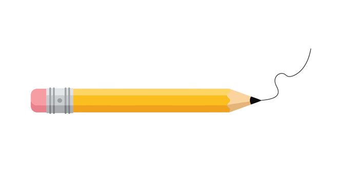 A classic yellow pencil with a pink eraser is shown on a white background, with a thin graphite line trailing from its tip