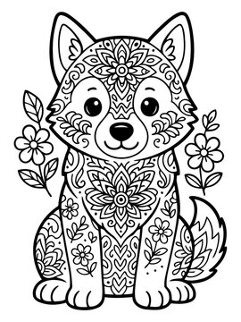 Whimsical Wolf Pup Mandala: A charming wolf pup adorned with intricate floral and ornamental patterns, inviting moments of peaceful creativity and artistic expression. 