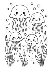 Fototapeta premium Jellyfish Family in Ocean Depths: Playful jellyfish gracefully swim amidst the serene ocean depths, embodying tranquility and the wonders of the underwater realm.