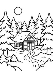 Obraz premium Cozy Cabin in Snowy Forest: A charming cabin nestled amidst tall pine trees, snow-covered and with smoke gently curling from the chimney, inviting warmth and tranquility in a serene winter landscape.