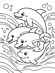 Obraz premium Cheerful Dolphins' Aquatic Joy: A delightful illustration of several friendly dolphins playfully leaping and frolicking in the sparkling water.