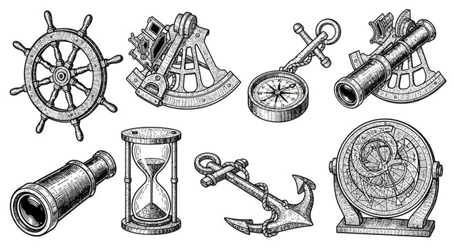 Vintage Nautical Navigation Equipment Set Hand Drawn Sketch