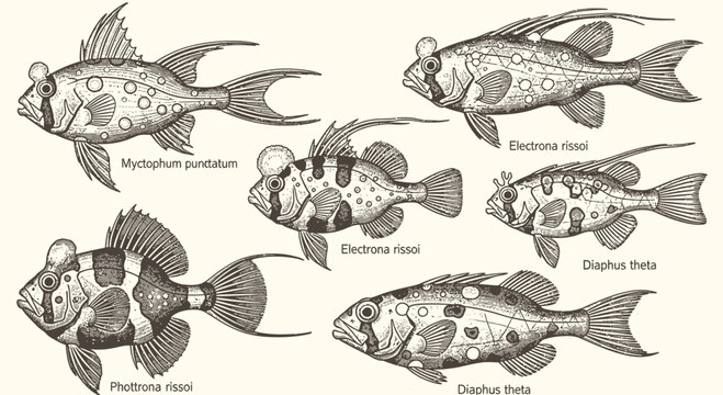 Vintage Scientific Illustration of Myctophidae Lanternfish Species