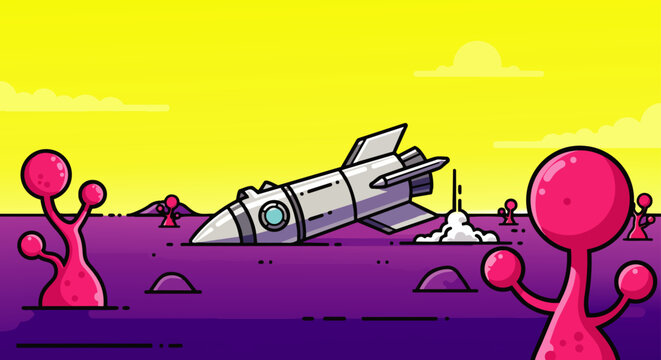 crashed rocket on vibrant alien planet unique pink alien plants observing an extraterrestrial space exploration sci-fi scene.