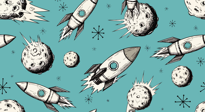retro space seamless pattern a vintage rocket and moons soaring through outer space evoking science fiction themes for design.