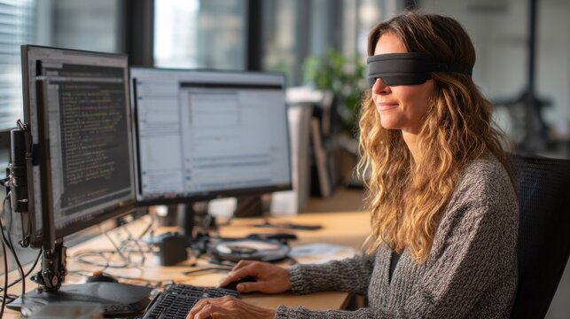 Professional Woman Using Screen Reader Technology at Workstation in Modern Office
