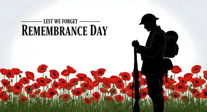 A soldier stands in a field of poppies on remembrance day