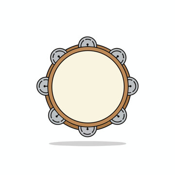 Simple cartoon image of a tambourine with a pale yellow membrane and jingles