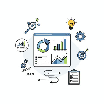 Illustration of business analytics, charts, graphs, and workflow