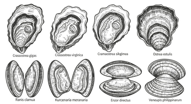Hand Drawn Illustration of Various Edible Shellfish Species