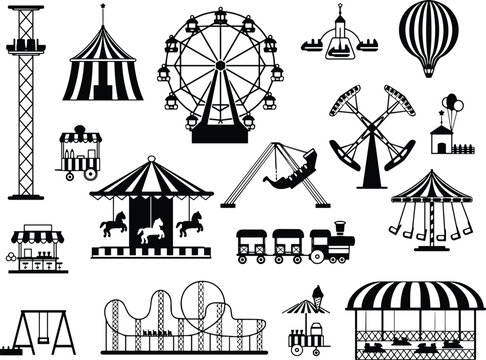 Collection of twelve amusement park attraction silhouettes including ferris wheel carousel roller coaster circus tent bumper cars swing ride illustration