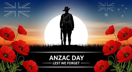 Anzac day poster with soldier and poppies