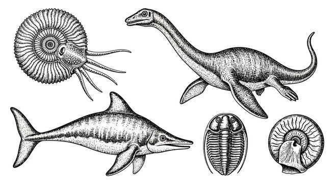 Set of Hand Drawn Prehistoric Marine Animals and Fossils