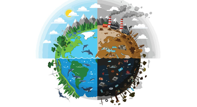 Earth Day illustration depicting the contrast between a healthy planet and environmental degradation