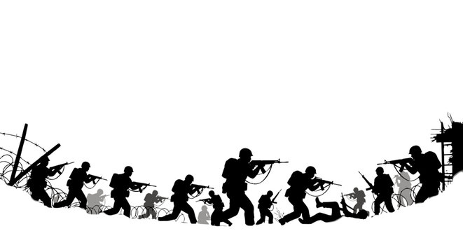 Silhouetted Soldiers Advancing Through War Zone.
