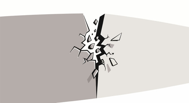 A cracked wall with geometric shards breaking away from the center