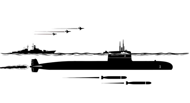 Submarine Silhouette with Aircraft and Torpedoes.