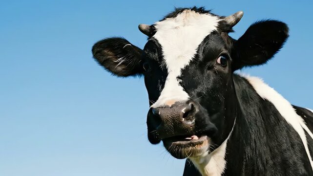 Funny Holstein Cow Sticking Out Tongue Against Blue Sky.