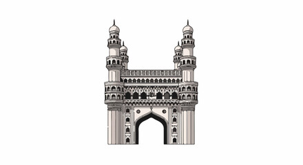 Obraz premium A detailed, stylized illustration of a historical archway with four towering minarets