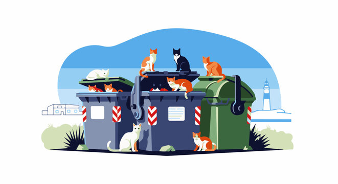 A collection of domestic felines relaxes atop and around trash receptacles