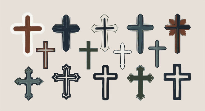 A collection of diverse Christian cross symbols with varied styles and textures