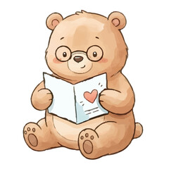Obraz premium cute brown teddy bear sitting and reading a book with a sweet playful cartoon style illustration