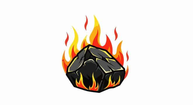 A black, faceted rock engulfed in stylized orange and yellow flames