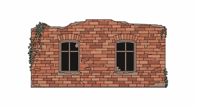 A dilapidated brick wall with two arched windows and creeping ivy