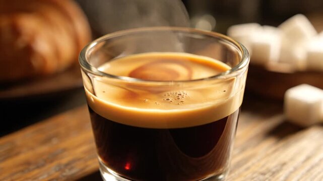 Freshly brewed steaming hot espresso served in a small transparent glass cup featuring a thick golden crema layer on top, captured in a clean cafe showcase environment.
