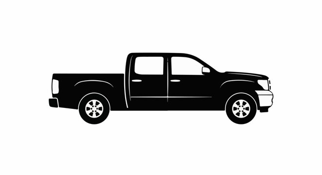 A black silhouette of a four-door pickup truck on a white background