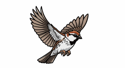 Fototapeta premium A brown and white sparrow with outstretched wings in mid-flight