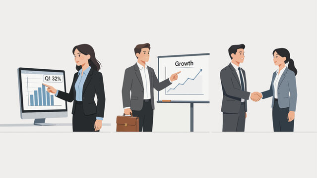 Business professionals presenting and shaking hands