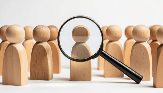 Seeking Potential: A magnifying glass hovers over a wooden figurine, symbolizing talent scouting and the pursuit of human resources and job seeking.