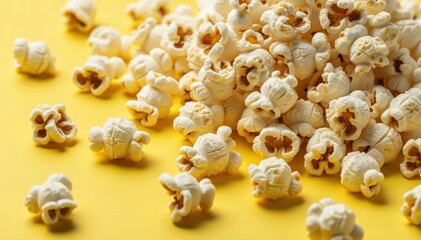 Obraz premium Popcorn Delight: A close-up shot of a pile of freshly popped popcorn on a vibrant yellow backdrop, showcasing the fluffy texture and golden-brown hue of the savory snack.